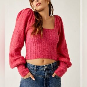 Free People Katie Hot Pink Ribbed Knit Balloon Sleeve Sweater size Medium-EUC